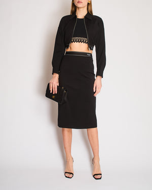 Prada Black Cropped Jacket with Logo Elastic Waistband and Matching Midi Pencil Skirt Size IT 38 (UK 6)