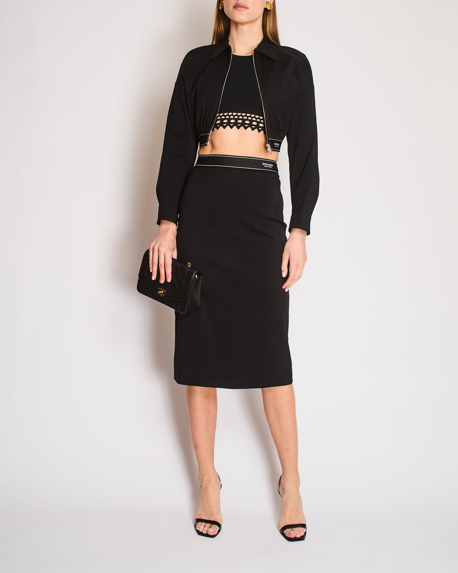 Prada Black Cropped Jacket with Logo Elastic Waistband and Matching Midi Pencil Skirt Size IT 38 (UK 6)