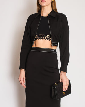 Prada Black Cropped Jacket with Logo Elastic Waistband and Matching Midi Pencil Skirt Size IT 38 (UK 6)