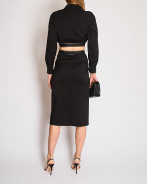 Prada Black Cropped Jacket with Logo Elastic Waistband and Matching Midi Pencil Skirt Size IT 38 (UK 6)