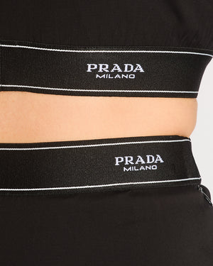 Prada Black Cropped Jacket with Logo Elastic Waistband and Matching Midi Pencil Skirt Size IT 38 (UK 6)