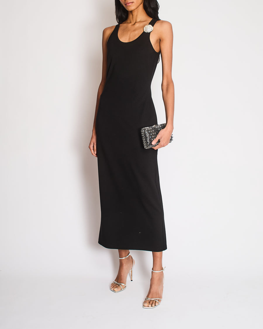 David Koma Black Sleeveless Bodycon Maxi Dress with Jewelled Brooch Detail Size UK 12