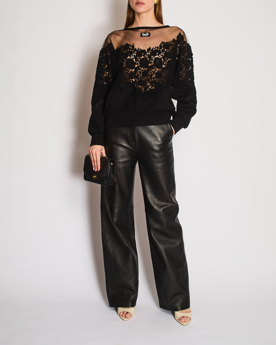 Dolce & Gabbana Black Mesh and Lace Appliqué Oversized Sweatshirt with Logo Patch Detail Size IT 38 (UK 6)