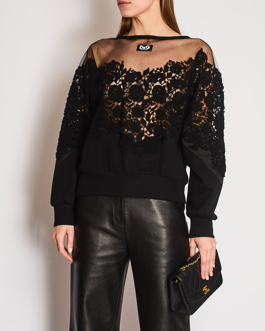 Dolce & Gabbana Black Mesh and Lace Appliqué Oversized Sweatshirt with Logo Patch Detail Size IT 38 (UK 6)