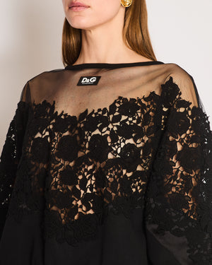 Dolce & Gabbana Black Mesh and Lace Appliqué Oversized Sweatshirt with Logo Patch Detail Size IT 38 (UK 6)