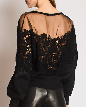 Dolce & Gabbana Black Mesh and Lace Appliqué Oversized Sweatshirt with Logo Patch Detail Size IT 38 (UK 6)