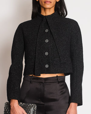 Chanel Black Metallic Cropped Tweed Jacket with Neck Tie Detail and Black CC Logo Buttons Size FR 36 (UK 8)