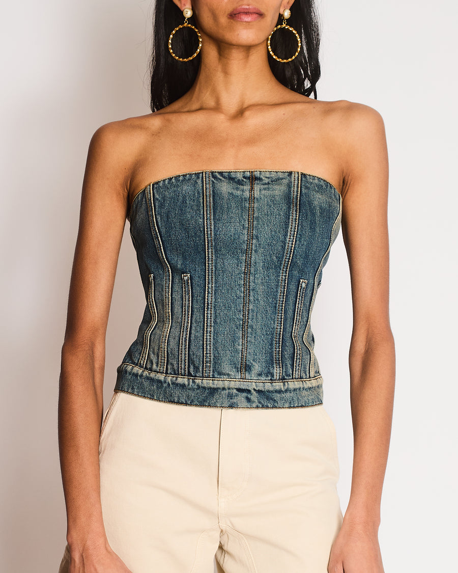 Alexander McQueen Strapless Blue Denim Corset Bustier Top Size IT 42 (UK 10)
