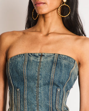 Alexander McQueen Strapless Blue Denim Corset Bustier Top Size IT 42 (UK 10)