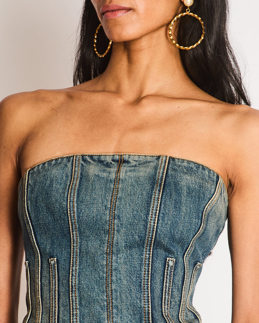 Alexander McQueen Strapless Blue Denim Corset Bustier Top Size IT 42 (UK 10)