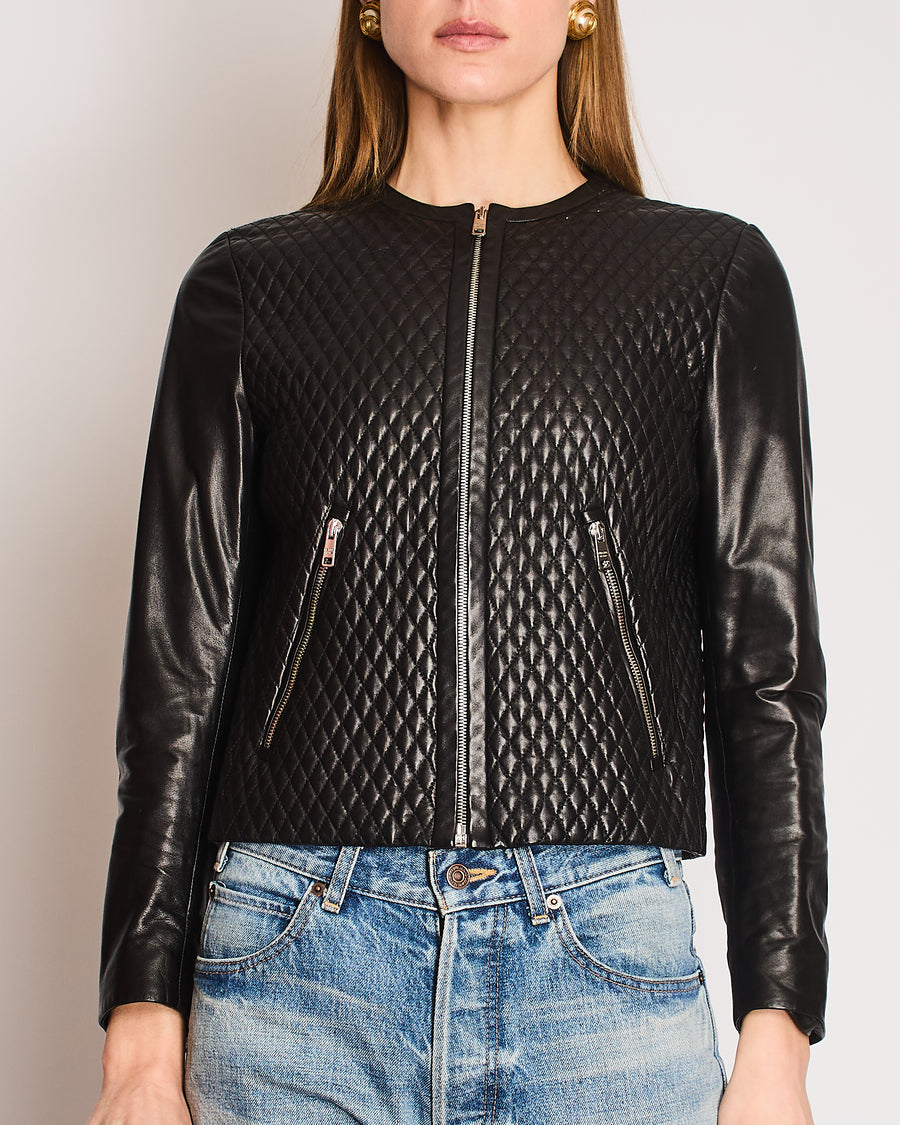 Prada Black Collarless Quilted Lambskin Jacket with Silver Zip Details Size IT 42 (UK 10)