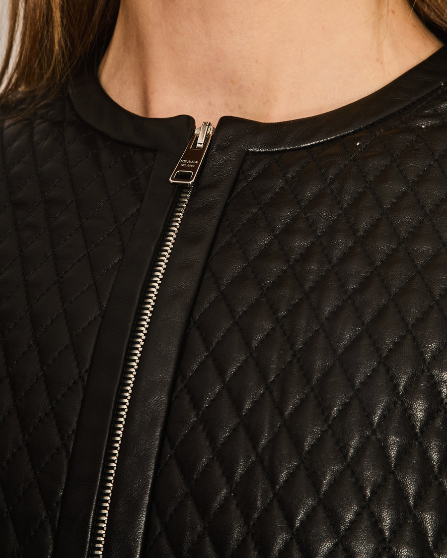 Prada Black Collarless Quilted Lambskin Jacket with Silver Zip Details Size IT 42 (UK 10)