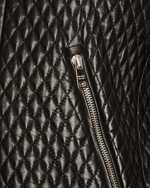 Prada Black Collarless Quilted Lambskin Jacket with Silver Zip Details Size IT 42 (UK 10)