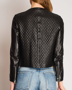 Prada Black Collarless Quilted Lambskin Jacket with Silver Zip Details Size IT 42 (UK 10)