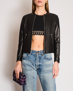 Prada Black Collarless Quilted Lambskin Jacket with Silver Zip Details Size IT 42 (UK 10)