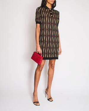 Gucci Black and Red Glitter Lamé Mini Dress with Horsebit Print and Gold Logo Button Details Size M (UK 10)