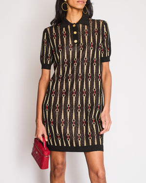 Gucci Black and Red Glitter Lamé Mini Dress with Horsebit Print and Gold Logo Button Details Size M (UK 10)
