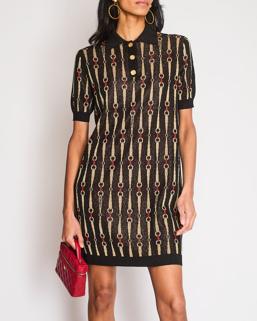 Gucci Black and Red Glitter Lamé Mini Dress with Horsebit Print and Gold Logo Button Details Size M (UK 10)