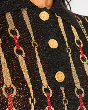 Gucci Black and Red Glitter Lamé Mini Dress with Horsebit Print and Gold Logo Button Details Size M (UK 10)