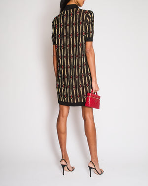 Gucci Black and Red Glitter Lamé Mini Dress with Horsebit Print and Gold Logo Button Details Size M (UK 10)