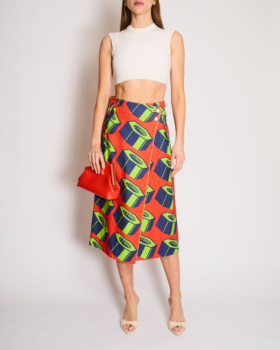 Gucci Orange, Green Graphic Printed Skirt with Geometric Pattern Details and Gold Buttons Size IT 40 (UK 8)