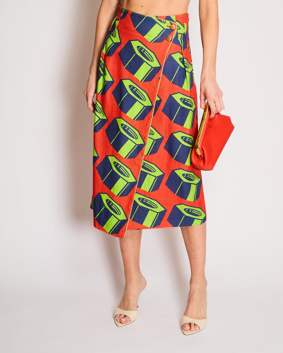 Gucci Orange, Green Graphic Printed Skirt with Geometric Pattern Details and Gold Buttons Size IT 40 (UK 8)