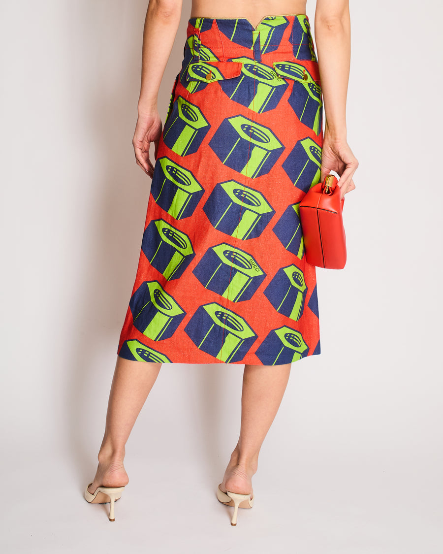 Gucci Orange, Green Graphic Printed Skirt with Geometric Pattern Details and Gold Buttons Size IT 40 (UK 8)