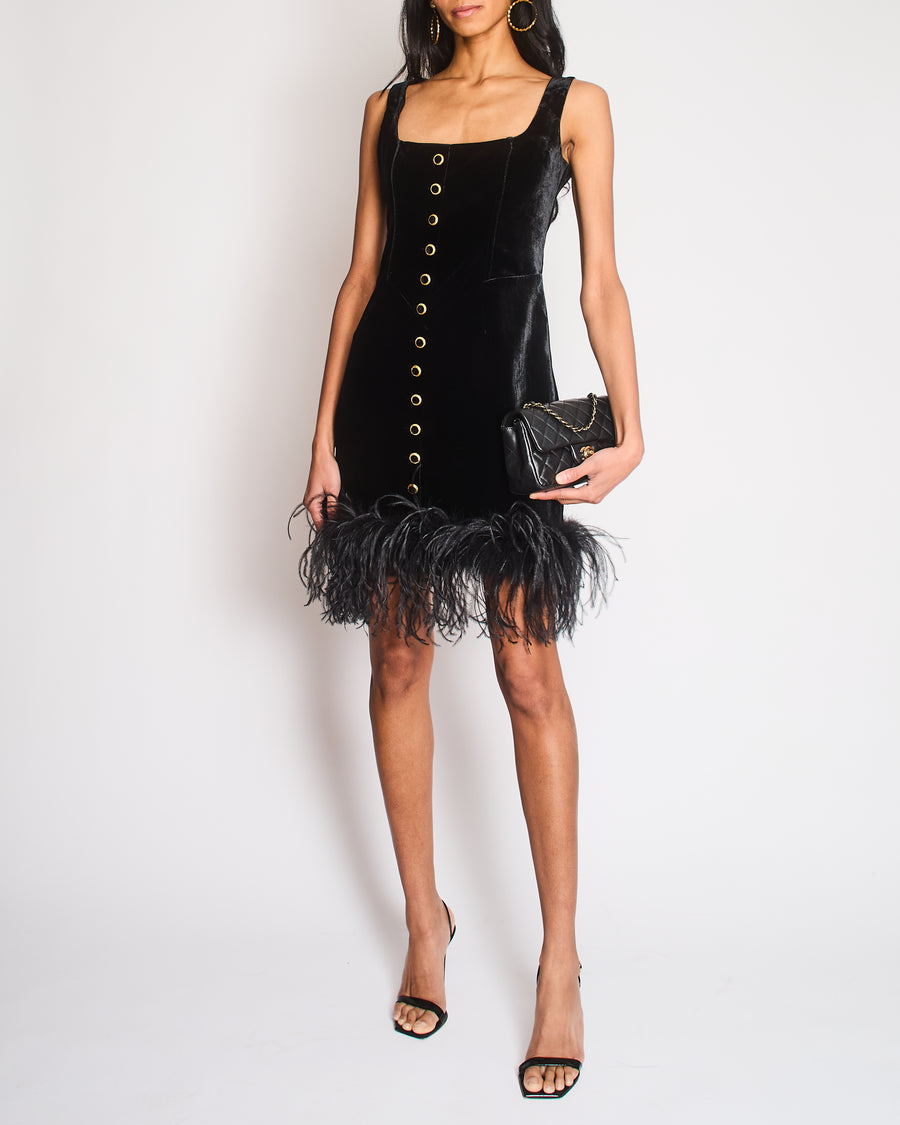 Alessandra Rich Black Velvet Mini Dress with Ostrich Feather Trim and   Sellier