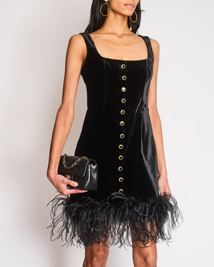 Alessandra Rich Black Velvet Mini Dress with Ostrich Feather Trim and Gold Button Details Size IT 42 (UK 10) RRP £1,520