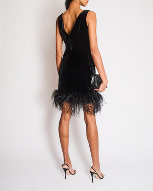Alessandra Rich Black Velvet Mini Dress with Ostrich Feather Trim and Gold Button Details Size IT 42 (UK 10) RRP £1,520