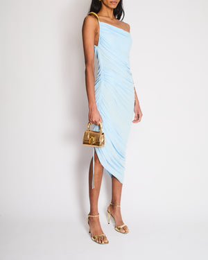 Bottega Veneta Baby Blue One Shoulder Ruched Asymmetric Midi Dress with Gold Hardware Strap Size IT 38 (UK 6)