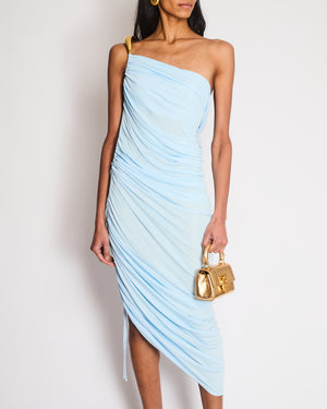Bottega Veneta Baby Blue One Shoulder Ruched Asymmetric Midi Dress with Gold Hardware Strap Size IT 38 (UK 6)