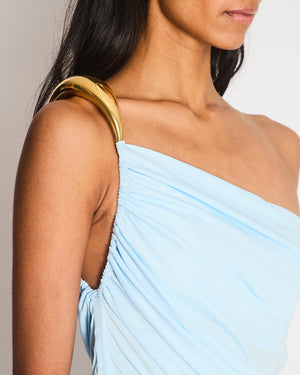 Bottega Veneta Baby Blue One Shoulder Ruched Asymmetric Midi Dress with Gold Hardware Strap Size IT 42 (UK 10) RRP £2,250