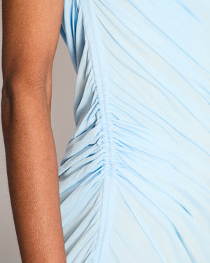 Bottega Veneta Baby Blue One Shoulder Ruched Asymmetric Midi Dress with Gold Hardware Strap Size IT 38 (UK 6)