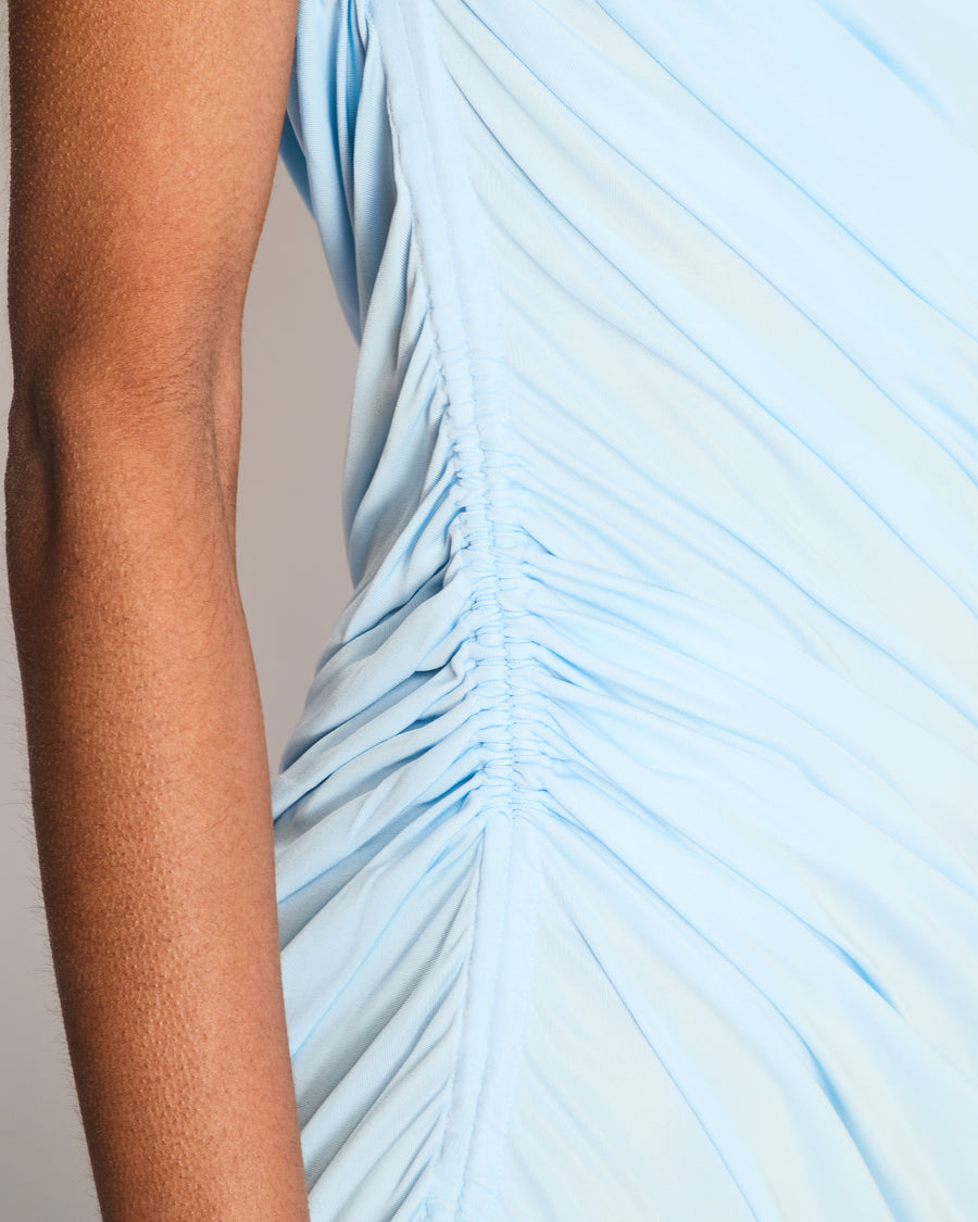 Bottega Veneta Baby Blue One Shoulder Ruched Asymmetric Midi Dress with Gold Hardware Strap Size IT 38 (UK 6)