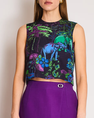 Christian Dior Pre-Fall 2023 Mumbai Collection Black, Purple, Blue, and Green Jungle Print Sleeveless Top Size FR 38 (UK 10)