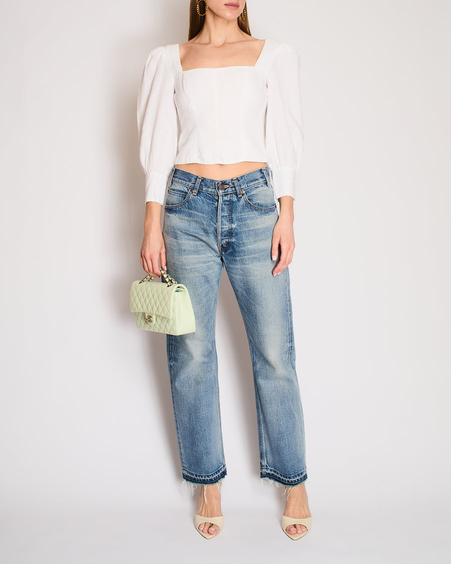 Reformation White Linen Cropped Balloon Sleeve Top with Ribbed and Corset Detail Size US 2 (UK 6)