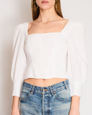 Reformation White Linen Cropped Balloon Sleeve Top with Ribbed and Corset Detail Size US 2 (UK 6)