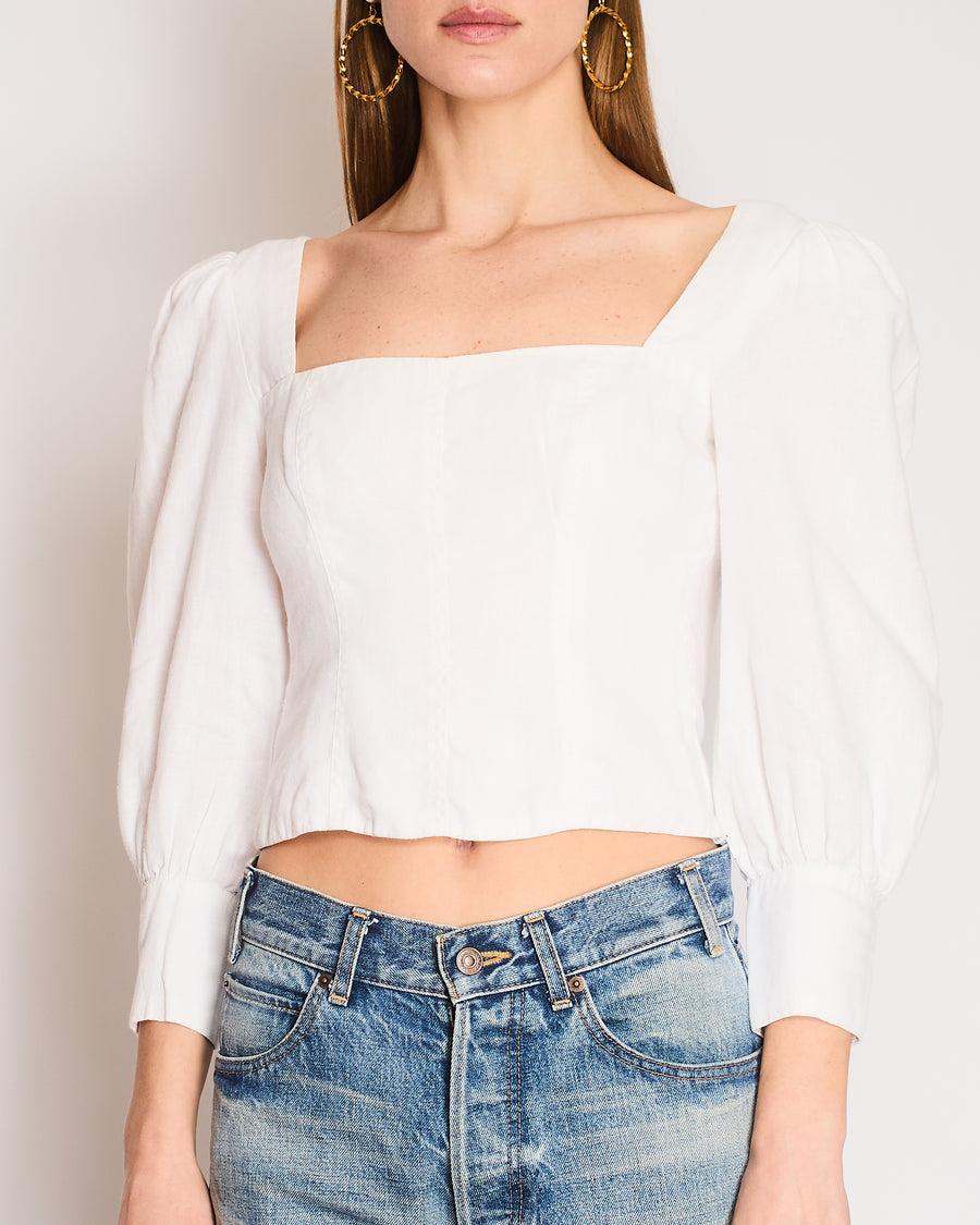 Reformation White Linen Cropped Balloon Sleeve Top with Ribbed and Corset Detail Size US 2 (UK 6)