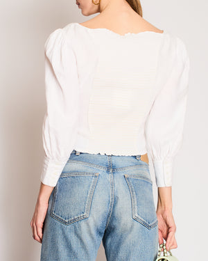 Reformation White Linen Cropped Balloon Sleeve Top with Ribbed and Corset Detail Size US 2 (UK 6)