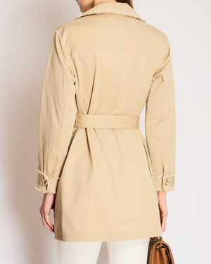 Chanel Beige Belted Trench Coat with Woven Ruffled Details and CC Gold Buttons Size FR 42 (UK 14)