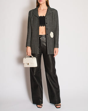 Chanel 2001 Cruise Collection Vintage Black & White Striped Jacket with Camelia Embellishment Size FR 44 (UK 16)