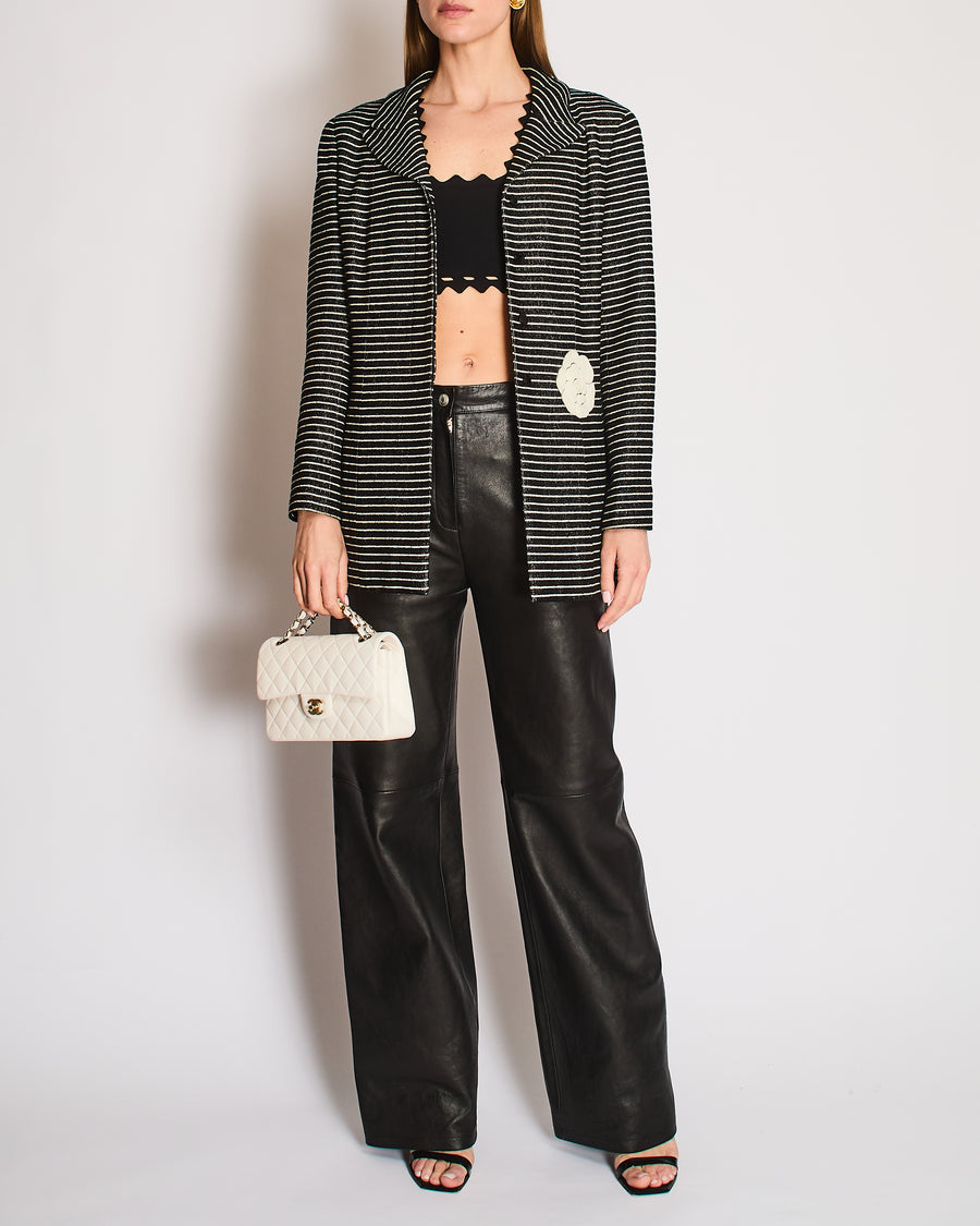 Chanel 2001 Cruise Collection Vintage Black & White Striped Jacket with Camelia Embellishment Size FR 44 (UK 16)
