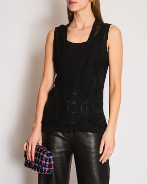 Chanel Black Vintage Coco Chanel Print Crochet V-Neck Sleeveless Cardigan Size FR 38 (UK 14)