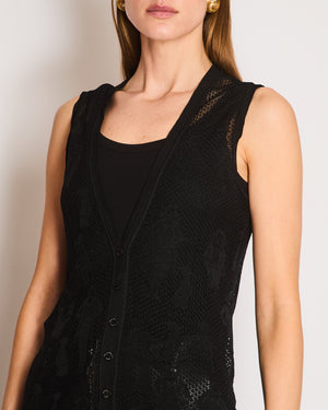 Chanel Black Vintage Coco Chanel Print Crochet V-Neck Sleeveless Cardigan Size FR 38 (UK 14)