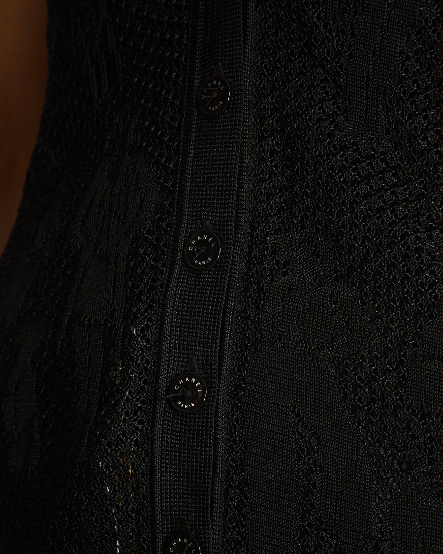 Chanel Black Vintage Coco Chanel Print Crochet V-Neck Sleeveless Cardigan Size FR 38 (UK 14)