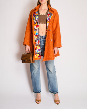 *RARE* Chanel Fall/Winter 2014 "Supermarket" Collection Orange Double Breasted Oversized Coat with Camelia Embellished Buttons & Zip Details Size FR 36 (UK 8)