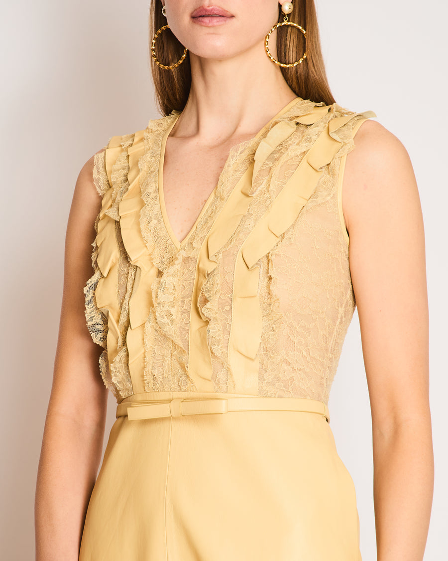 Valentino Beige Leather and Lace Belted Sleeveless Mini Dress with Bow Detail Size US 6 (UK 10)