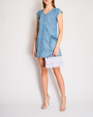 Chanel Pre Fall 2014 Blue Denim Paris Dallas Sleeveless Open Back Mini Dress with Front Pockets and Silver Star Textured CC Logo Buttons Size FR 36 (UK 8)