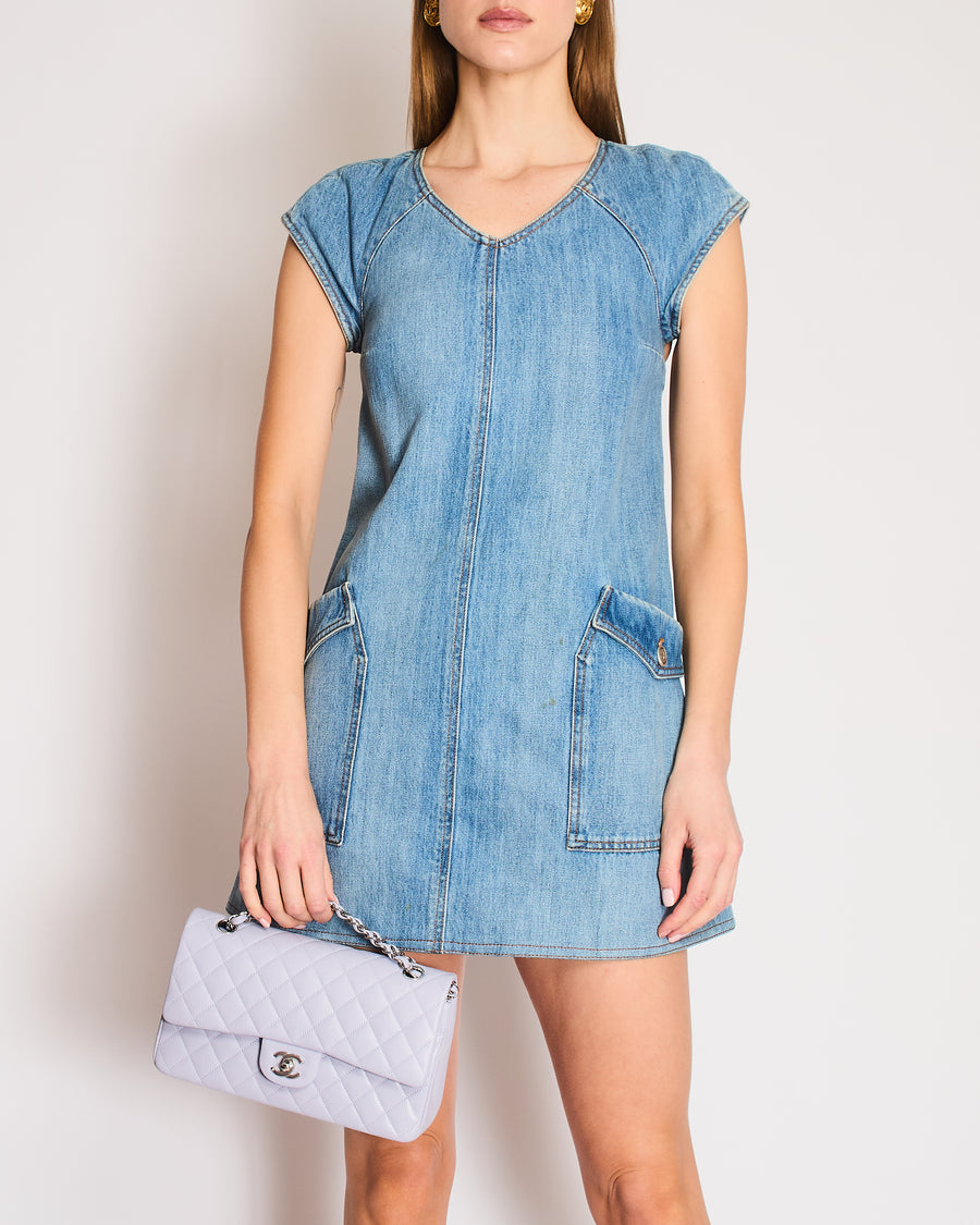 Chanel Pre Fall 2014 Blue Denim Paris Dallas Sleeveless Open Back Mini Dress with Front Pockets and Silver Star Textured CC Logo Buttons Size FR 36 (UK 8)